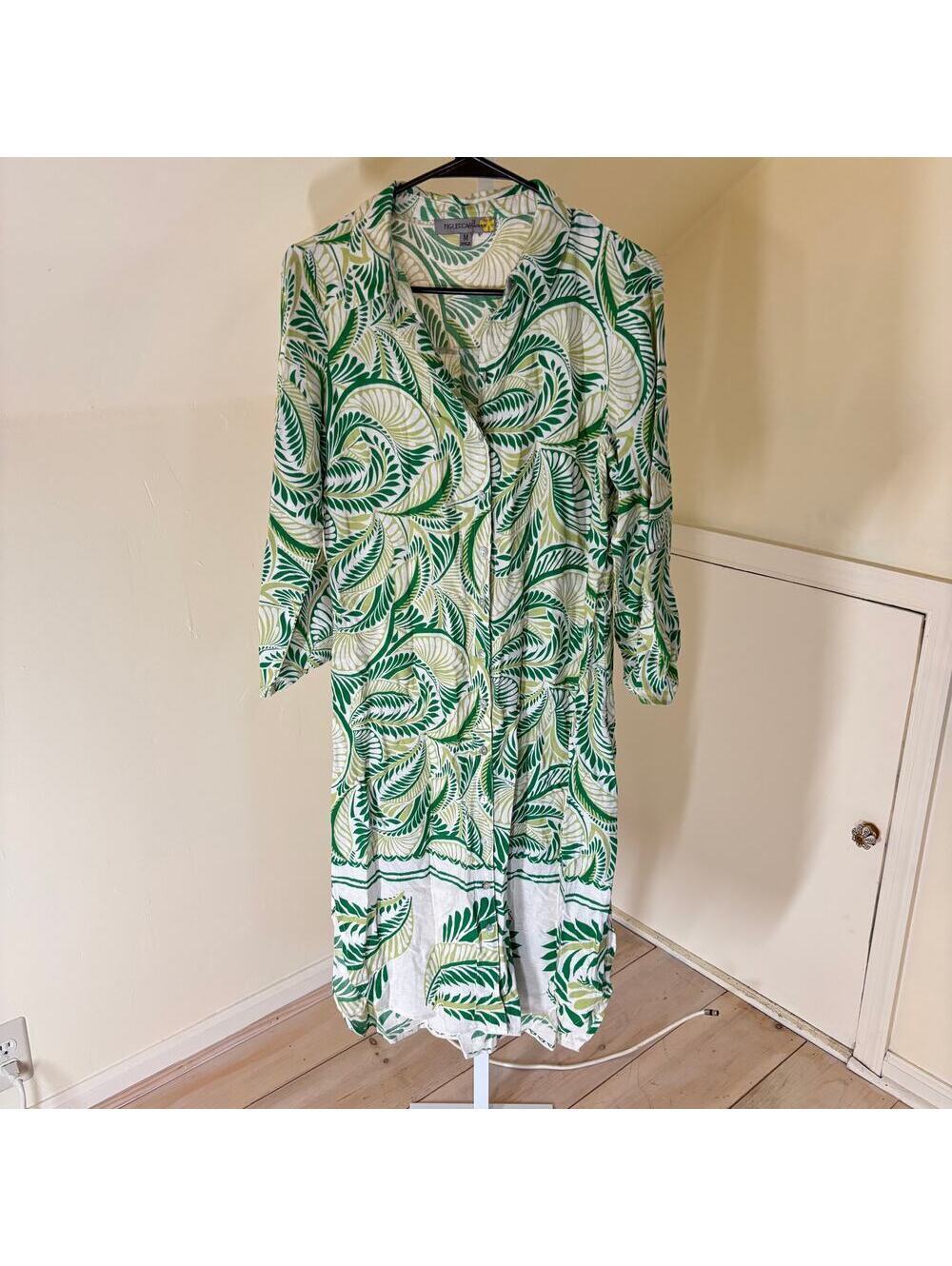 Figueroa & Flower EUC Women's Green Fern Print Midi Dress Missing Belt Size M